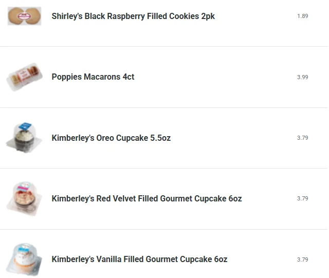 Sheetz Dessert Menu 2025 – Featuring Shirley’s Black Raspberry Filled Cookies, Poppies Macarons, and Kimberley’s Gourmet Cupcakes (Oreo, Red Velvet, Vanilla) with prices.