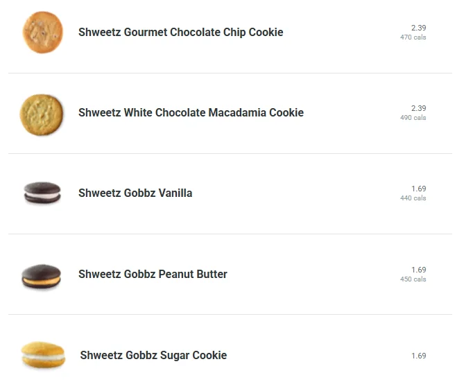 Sheetz Cookies Menu 2025 – Featuring Shweetz Gourmet Chocolate Chip, White Chocolate Macadamia, and Gobbz Cookies (Vanilla, Peanut Butter, Sugar) with prices and calories.